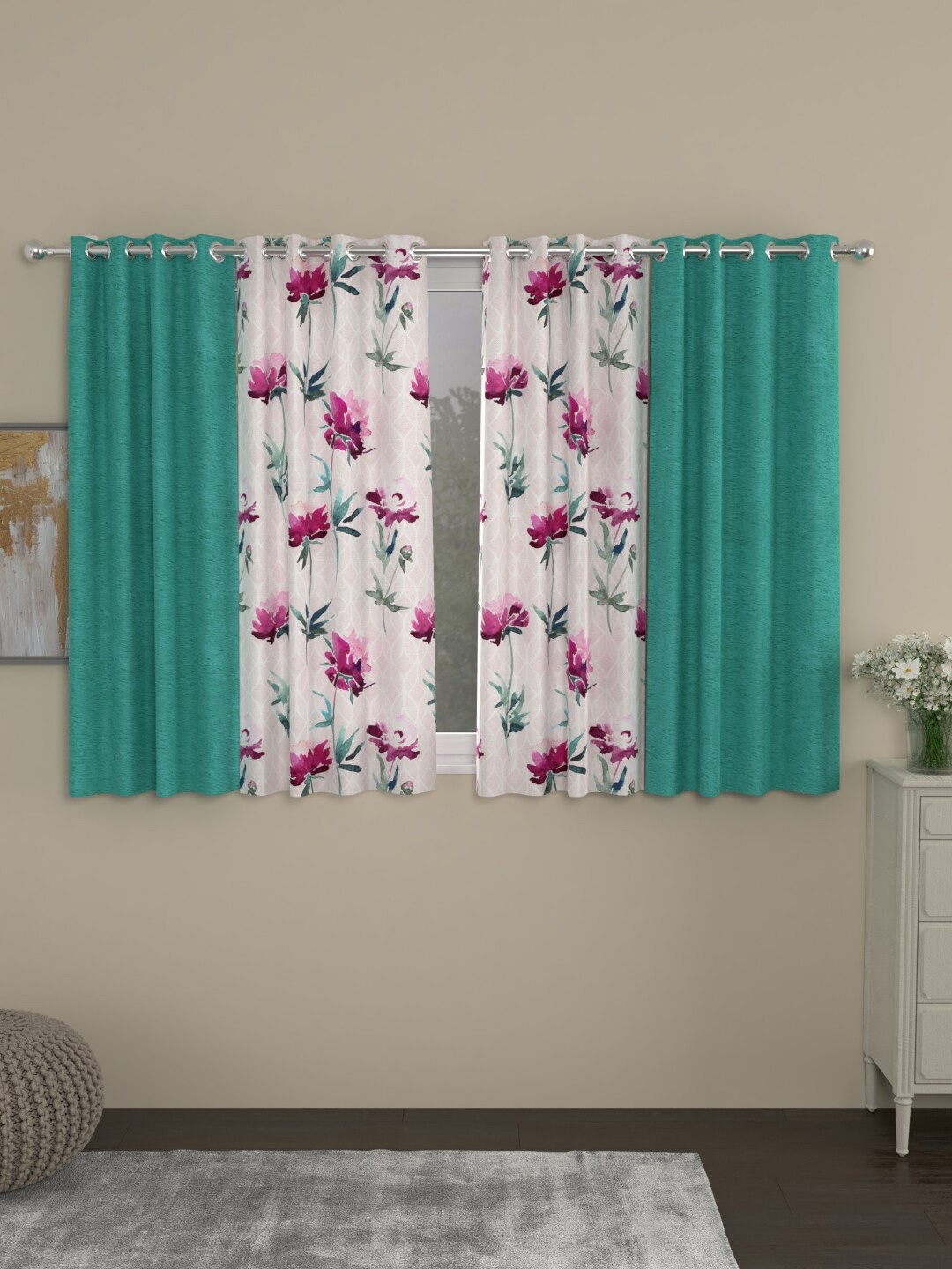 

ROSARA HOME Turquoise Blue & White Set of 4 Room Darkening Window Curtain