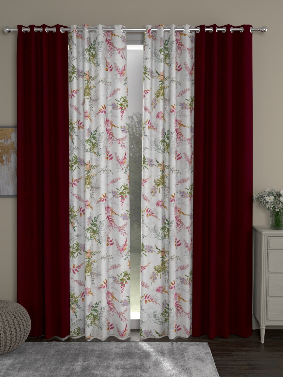 

ROSARA HOME Maroon & White Set of 4 Floral Room Darkening Door Curtain