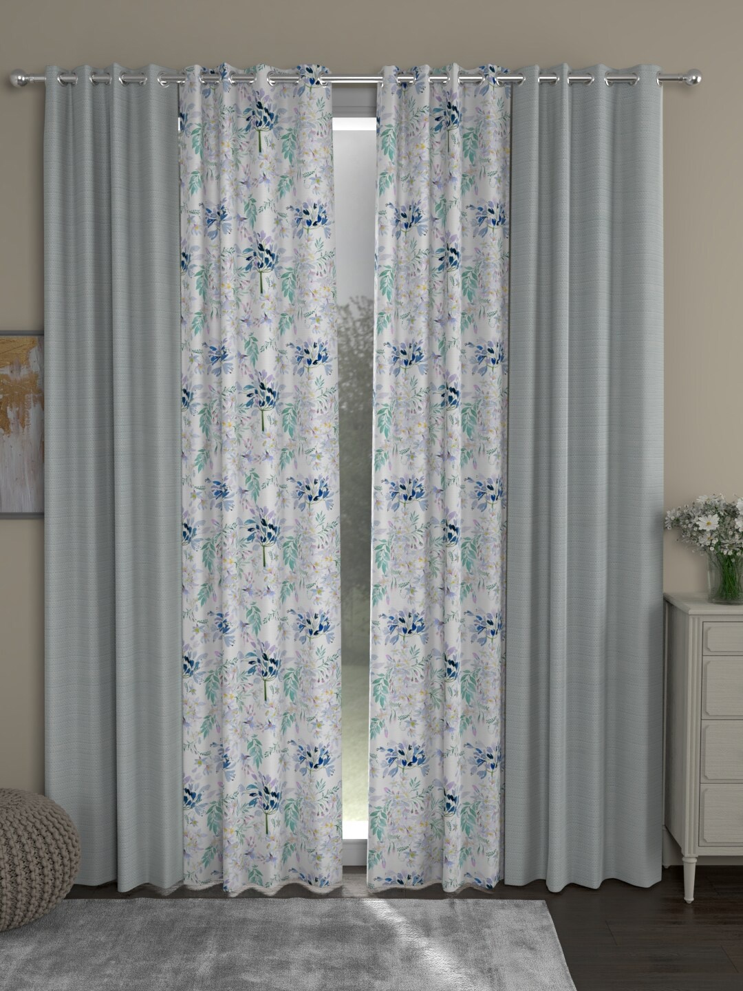 

ROSARA HOME Grey & Blue Set of 4 Floral Long Door Curtain