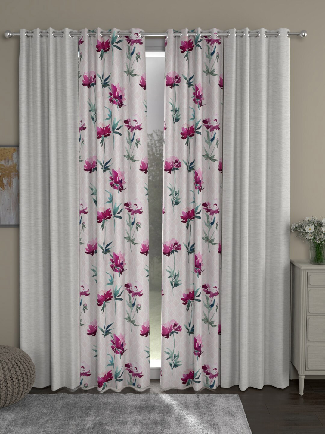 

ROSARA HOME Cream-Coloured & Pink Set of 4 Floral Room Darkening Door Curtain