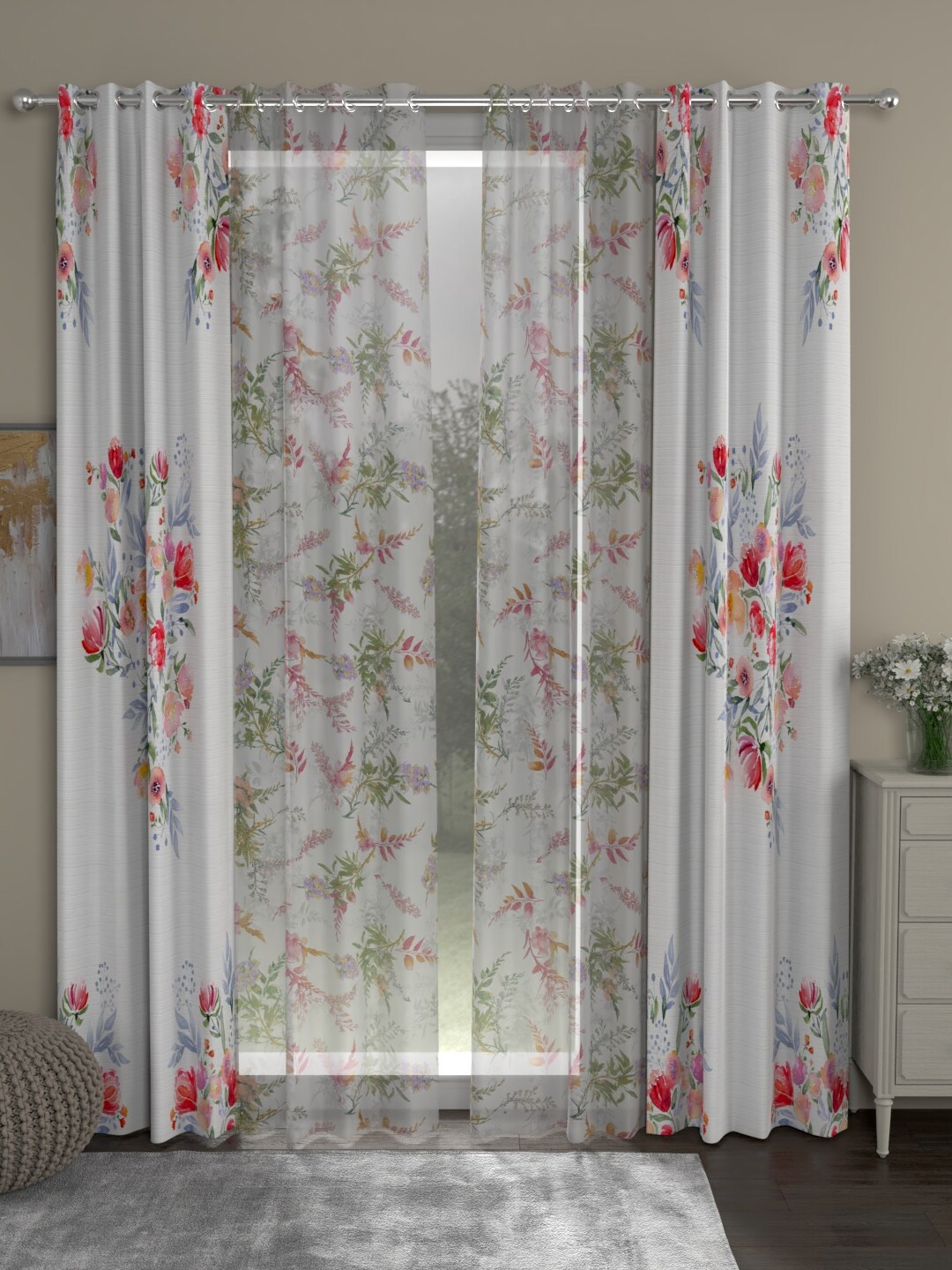 

ROSARA HOME White & Red Set of 4 Floral Long Door Curtain