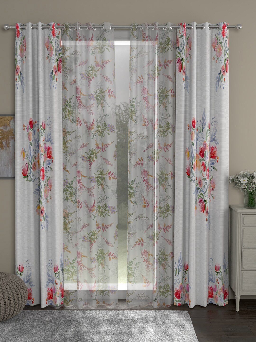 

ROSARA HOME White & Green Set of 4 Floral Door Curtain