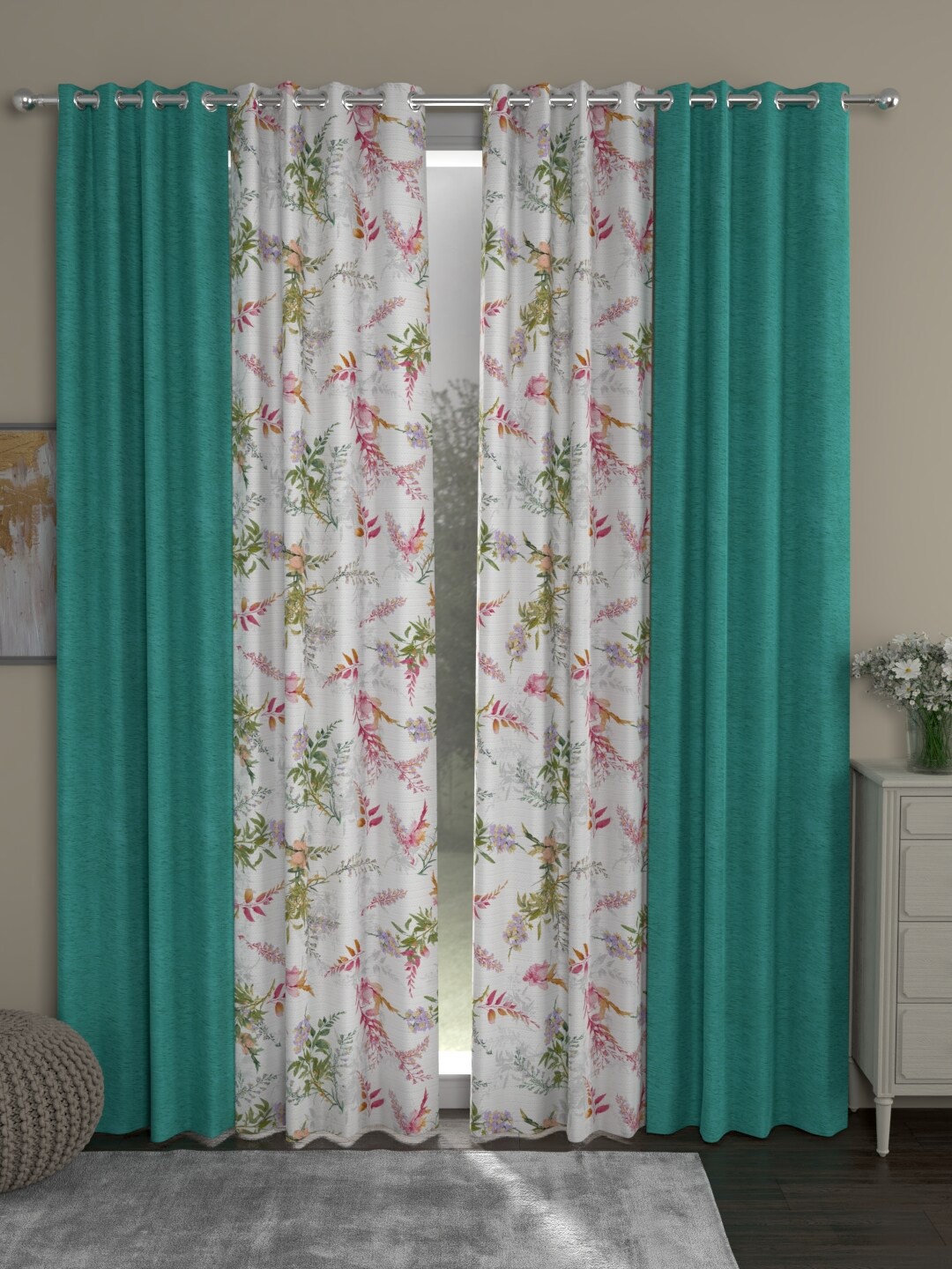 

ROSARA HOME Turquoise Blue & White Set of 4 Room Darkening Long Door Curtain