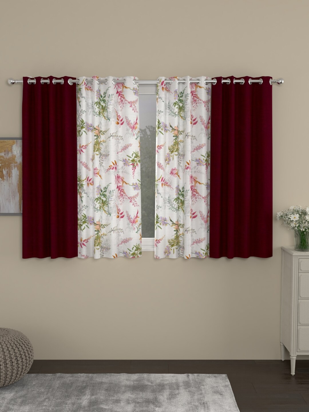 

ROSARA HOME Maroon & White Set of 4 Room Darkening Window Curtain
