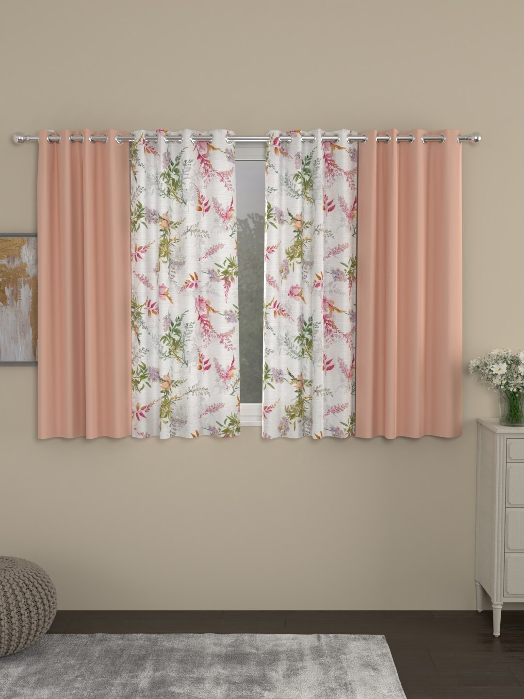 

ROSARA HOME Peach-Coloured & White Set of 4 Black Out Window Curtain