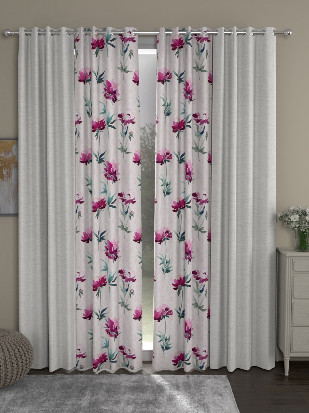 

ROSARA HOME Cream-Coloured & Fuchsia Set of 4 Floral Room Darkening Long Door Curtain