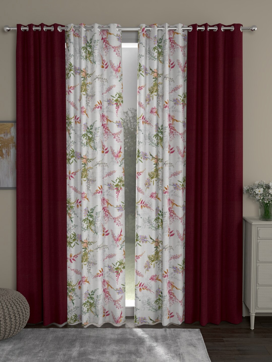ROSARA HOME Maroon & White Set of 4 Floral Long Door Curtain