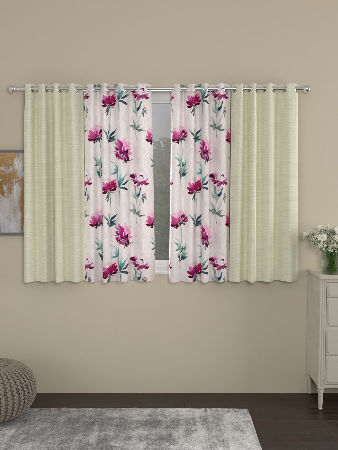 

ROSARA HOME Cream-Coloured & Maroon Set of 4 Window Curtain