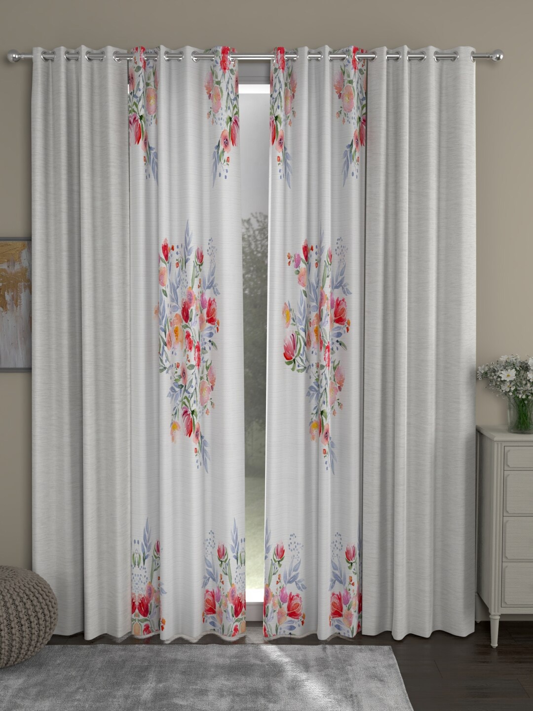 

ROSARA HOME Cream-Coloured & Red Set of 4 Floral Room Darkening Long Door Curtain