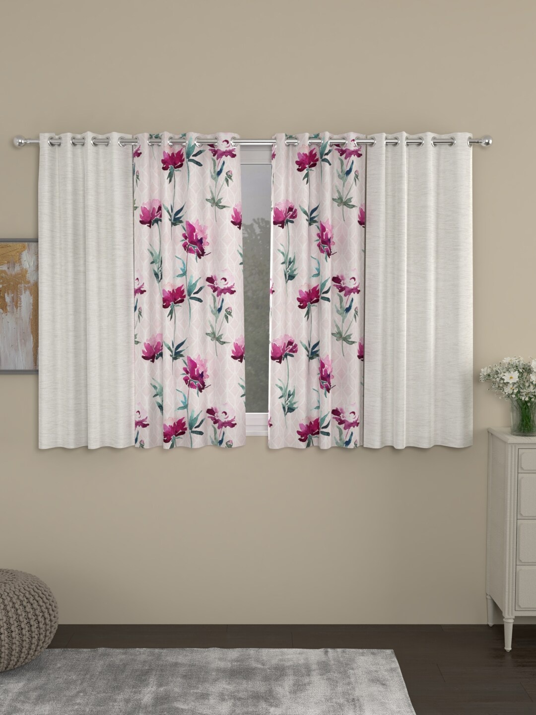 

ROSARA HOME Cream-Coloured & Fuchsia Set of 4 Room Darkening Window Curtain
