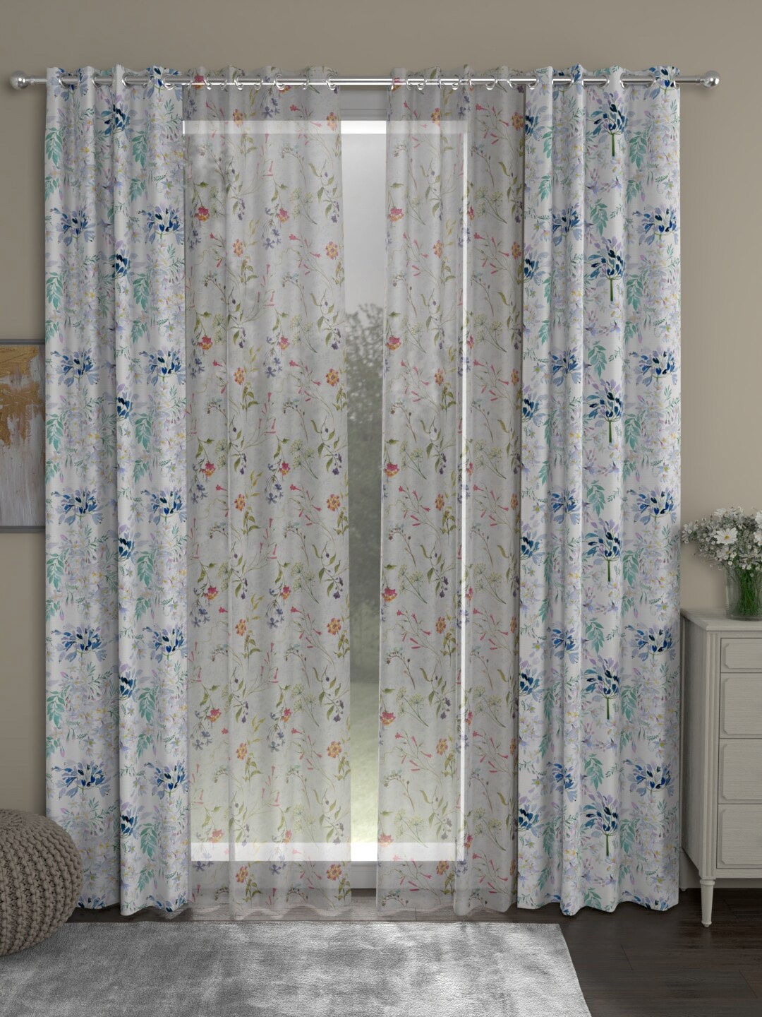 

ROSARA HOME White & Blue Set of 4 Floral Door Curtain
