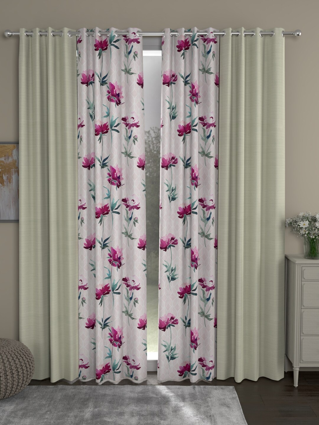 

ROSARA HOME White & Green Set of 4 Floral Door Curtain