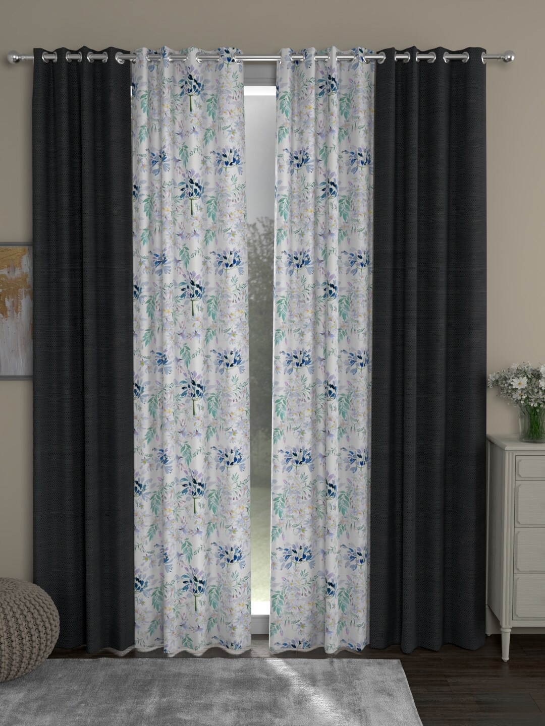 

ROSARA HOME Charcoal & White Set of 4 Long Door Curtain