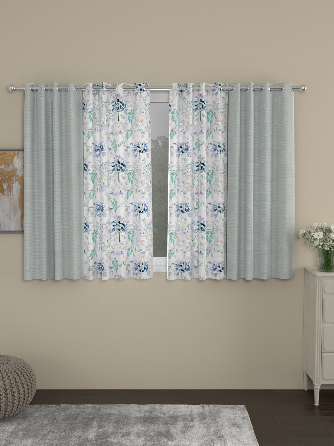 

ROSARA HOME Grey & Blue Set of 4 Window Curtain