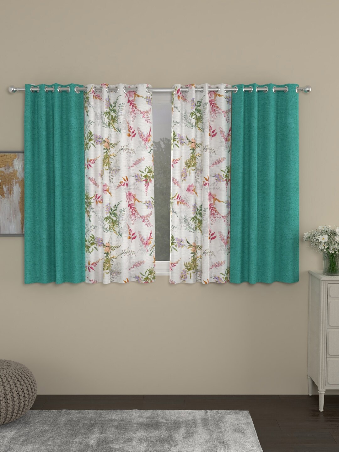 

ROSARA HOME Turquoise Blue & White Set of 4 Room Darkening Window Curtain