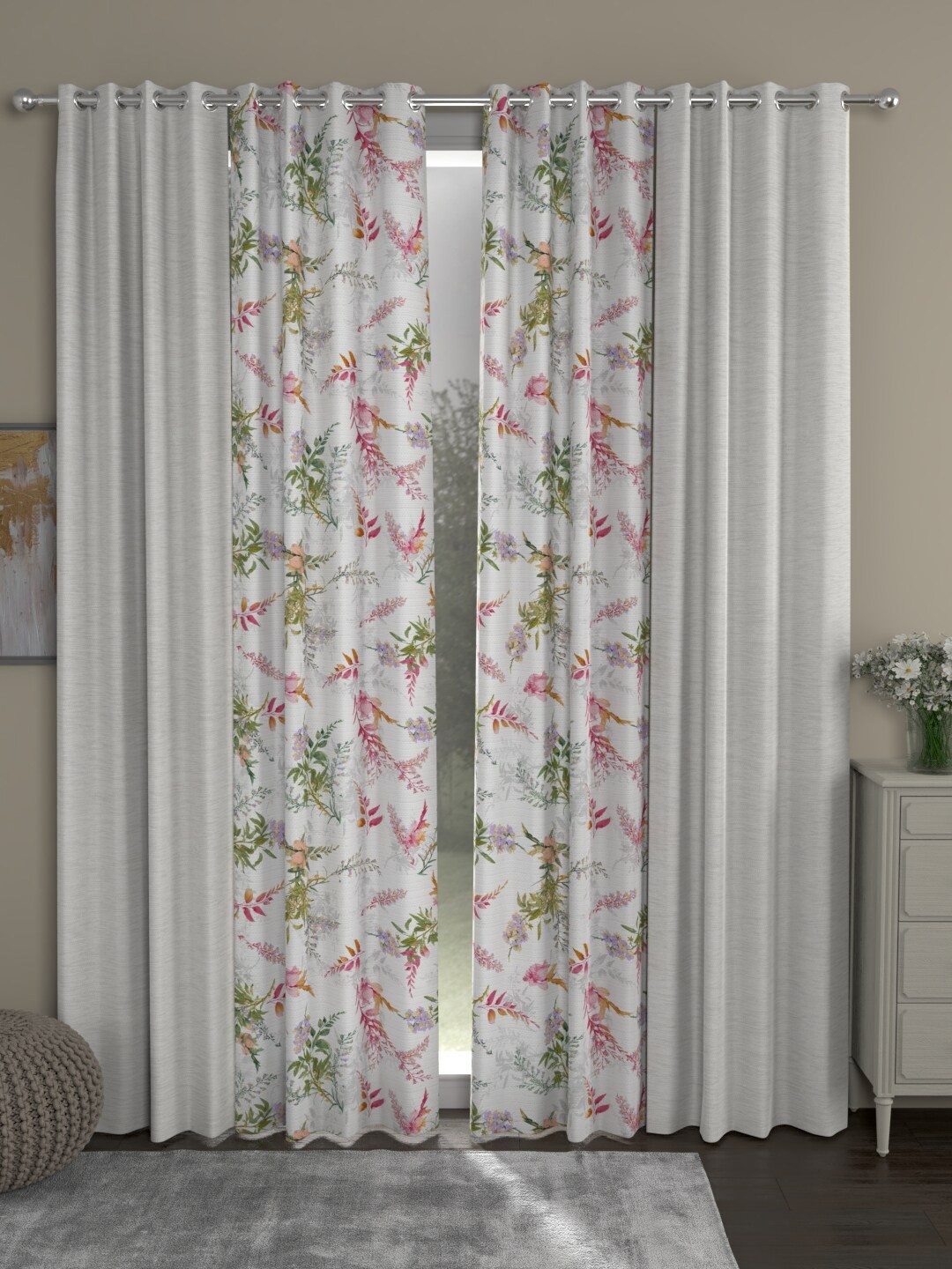 

ROSARA HOME Cream-Coloured & Green Set of 4 Room Darkening Door Curtain