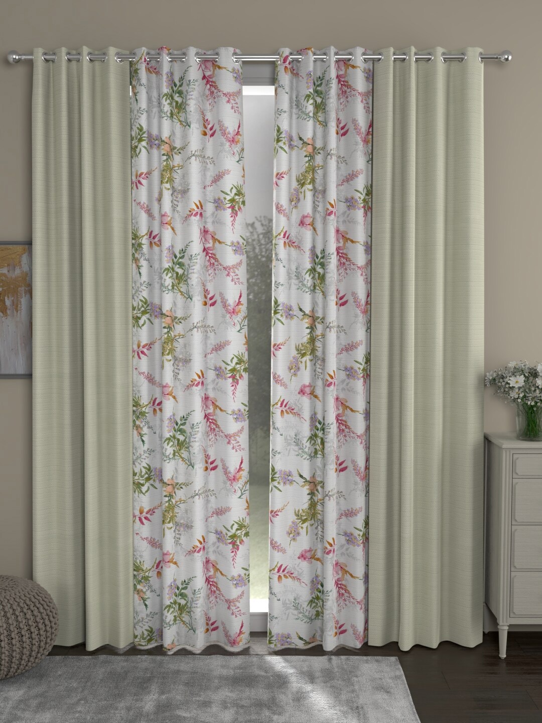 

ROSARA HOME Cream-Coloured & White Set of 4 Door Curtain