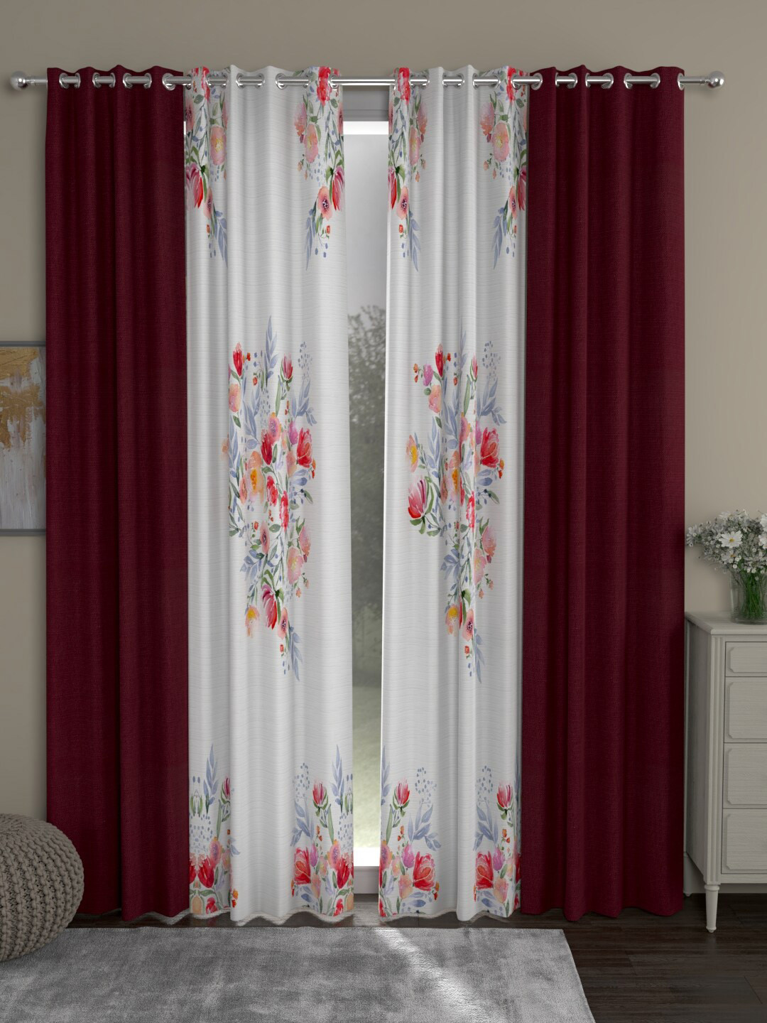 

ROSARA HOME Maroon & Grey Set of 4 Door Curtain