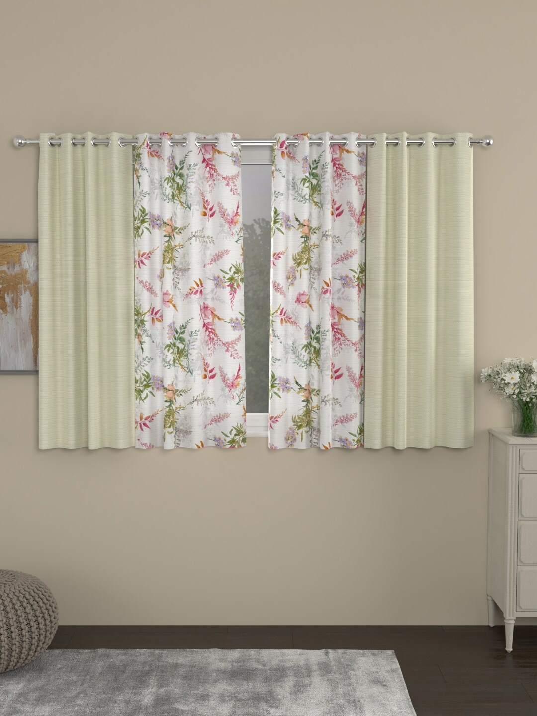 

ROSARA HOME Cream-Coloured & White Set of 4 Window Curtain