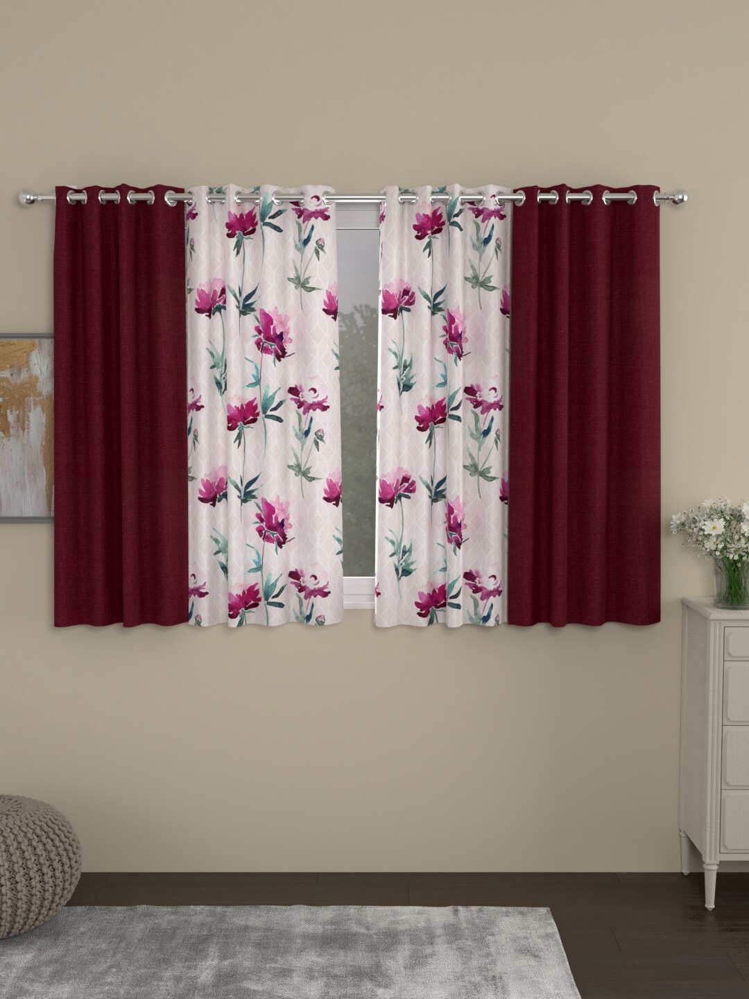 

ROSARA HOME Maroon & Green Set of 4 Window Curtain