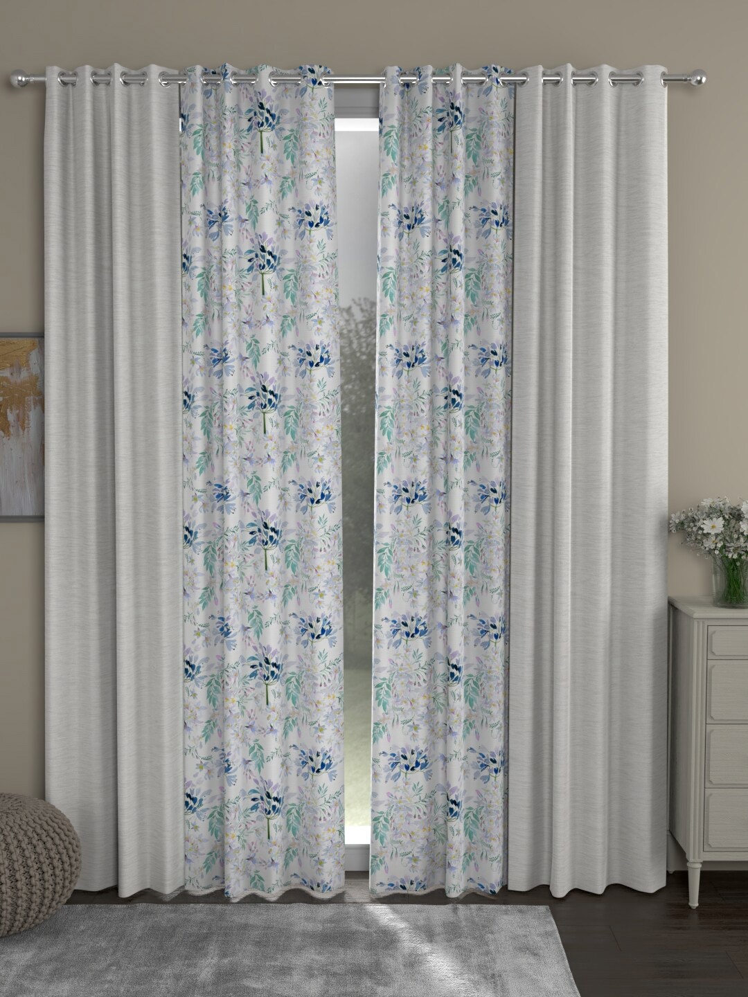

ROSARA HOME Cream-Coloured & White Set of 4 Floral Room Darkening Door Curtain