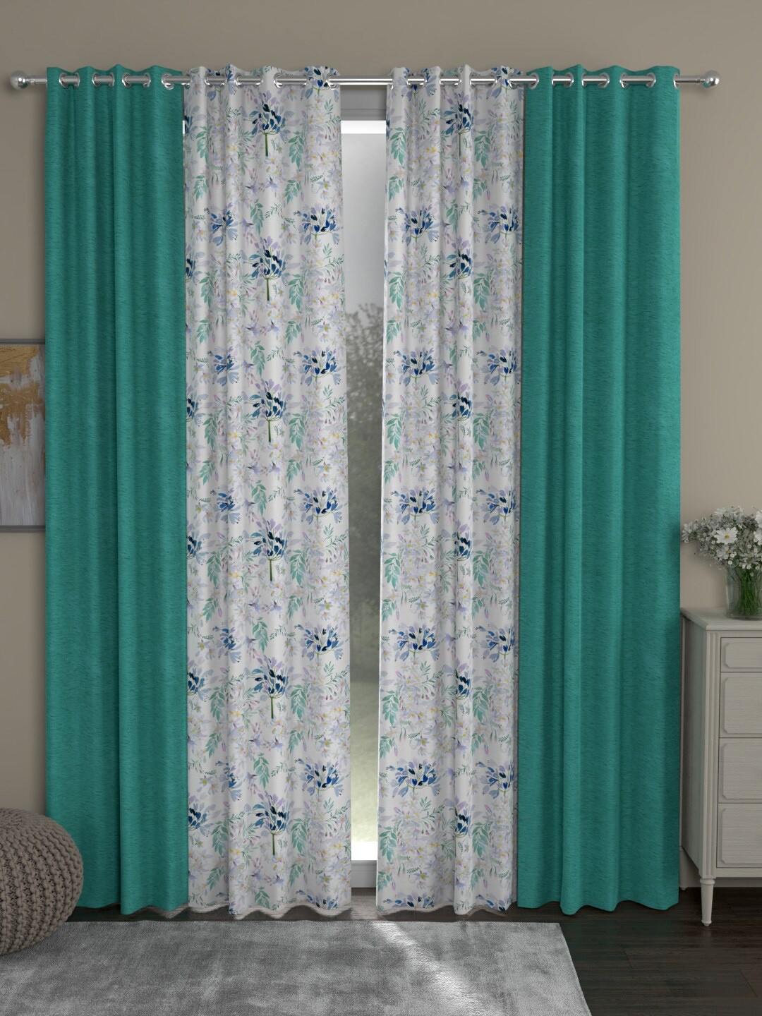 

ROSARA HOME Turquoise Blue & White Set of 4 Room Darkening Long Door Curtain