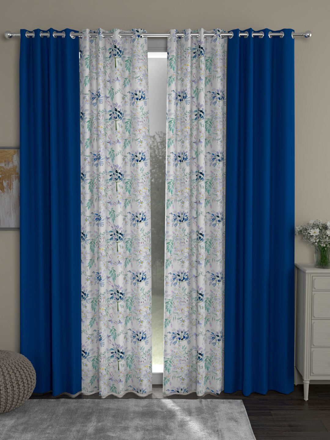 

ROSARA HOME Blue & White Set of 4 Black Out Door Curtain