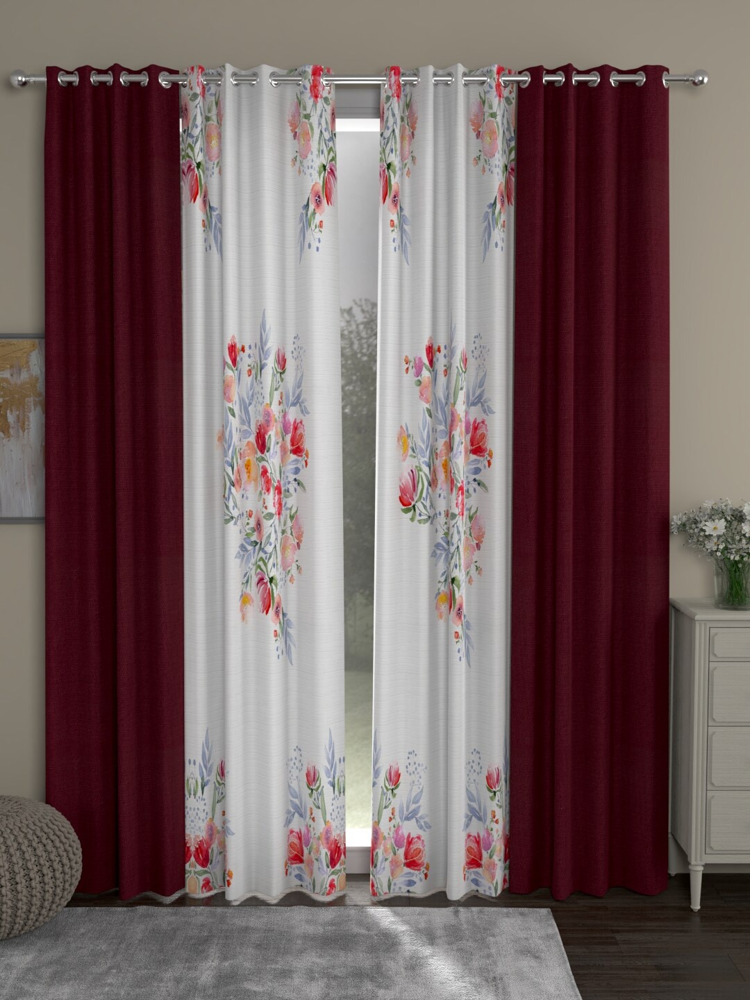 

ROSARA HOME Maroon & White Set of 4 Long Door Curtain