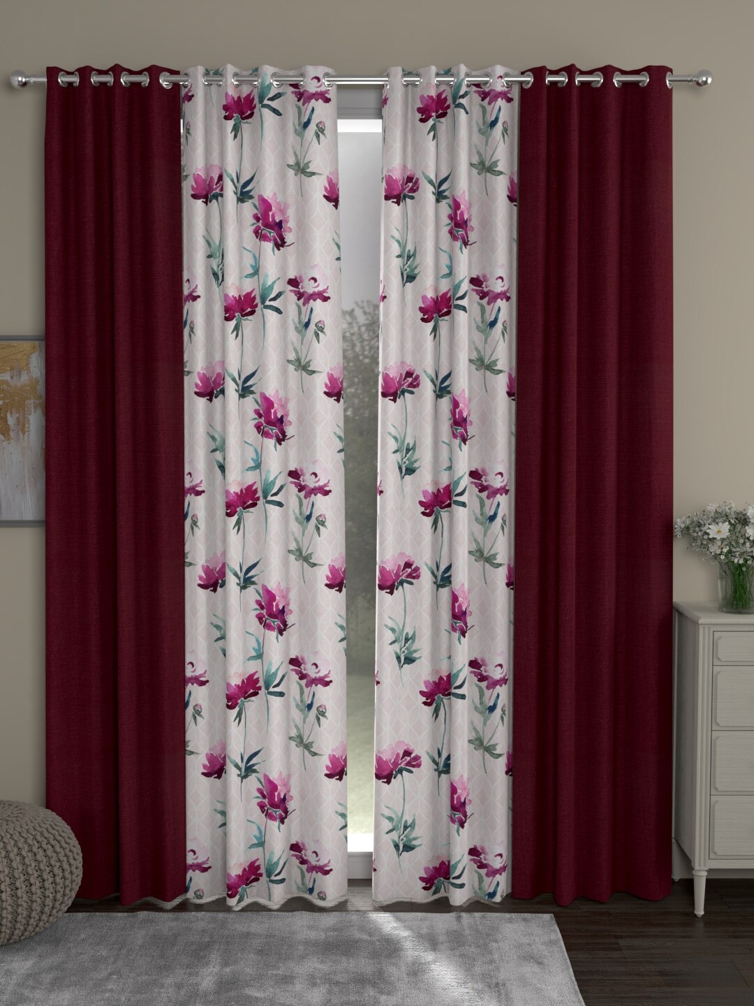 

ROSARA HOME Maroon & Green Set of 4 Door Curtain