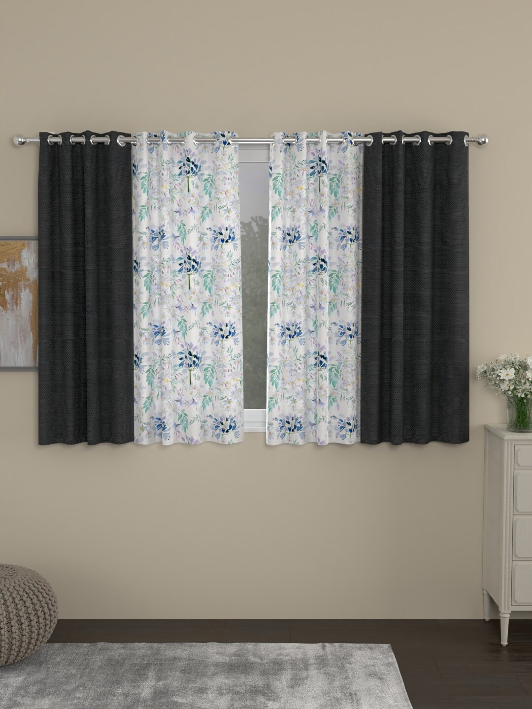 

ROSARA HOME Grey & White Set of 4 Window Curtain