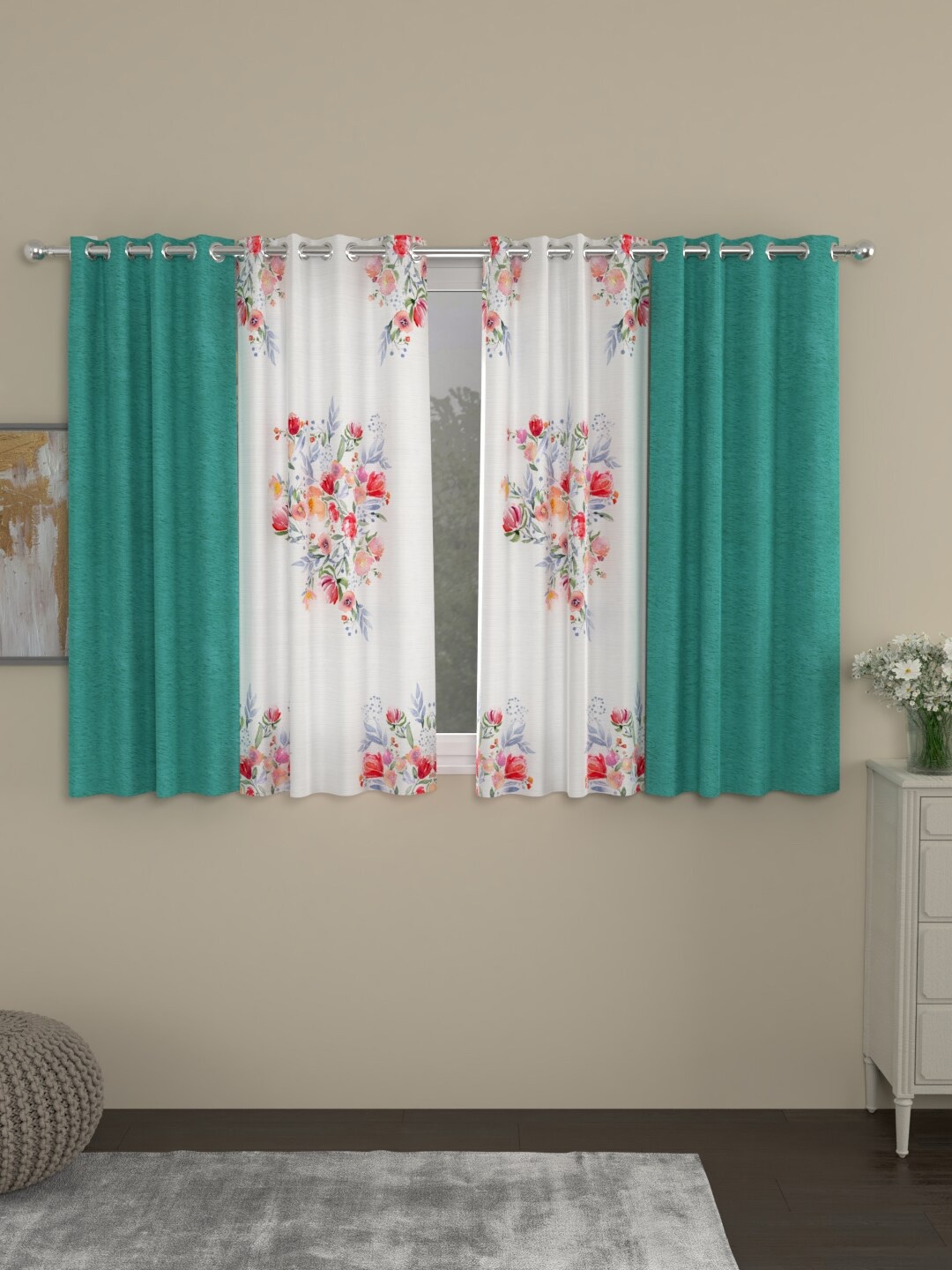 

ROSARA HOME Turquoise Blue & White Set of 4 Room Darkening Window Curtain