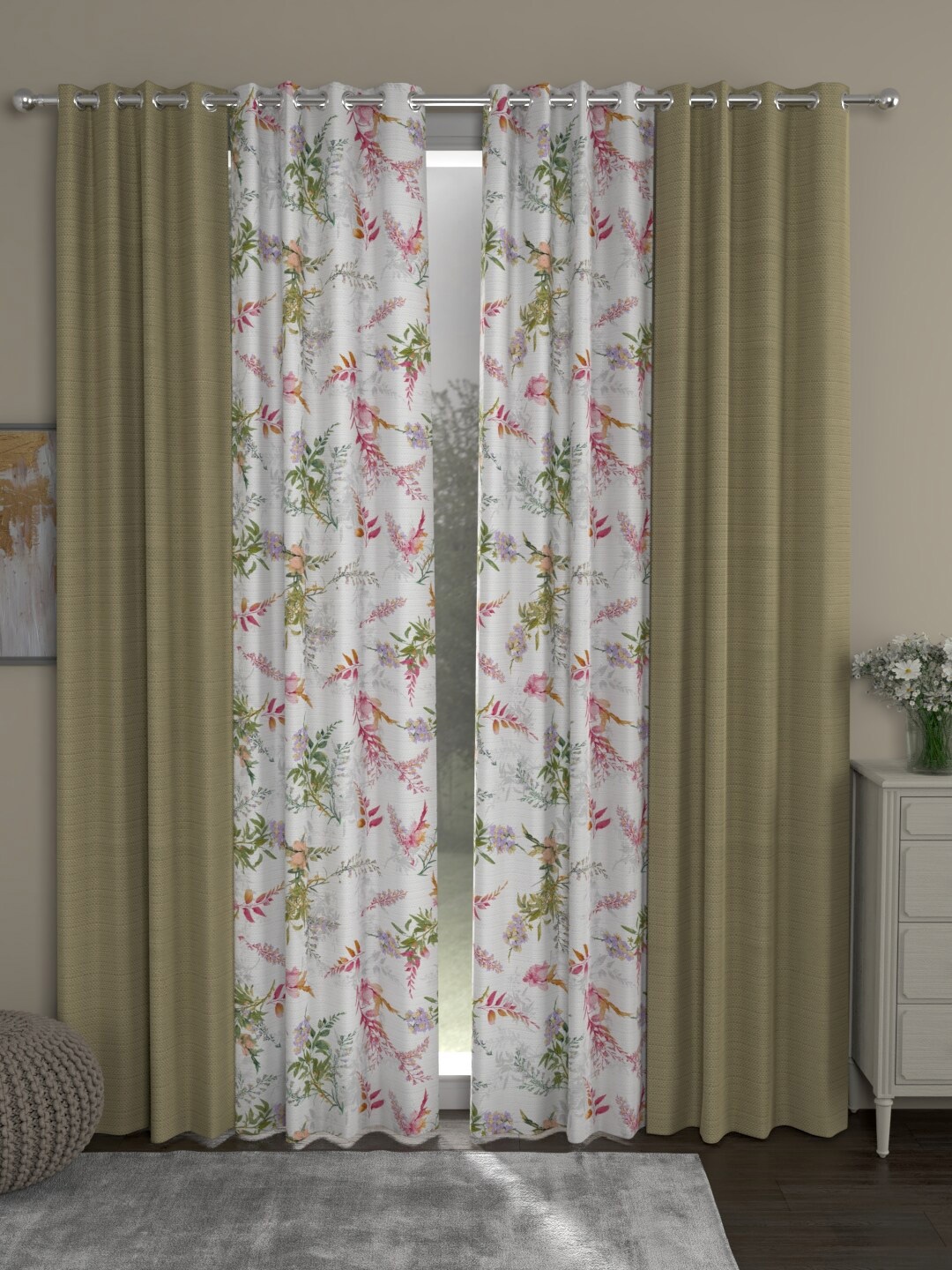 

ROSARA HOME Beige & White Set of 4 Floral Long Door Curtain