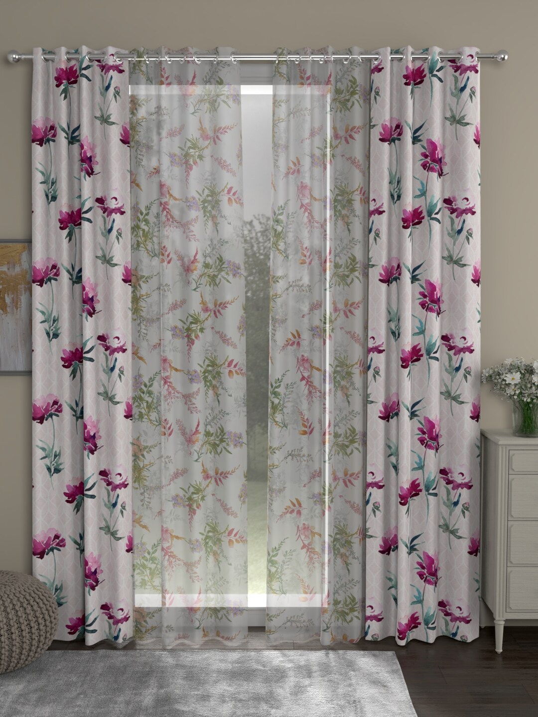 ROSARA HOME White & Pink Set of 4 Floral Long Door Curtain