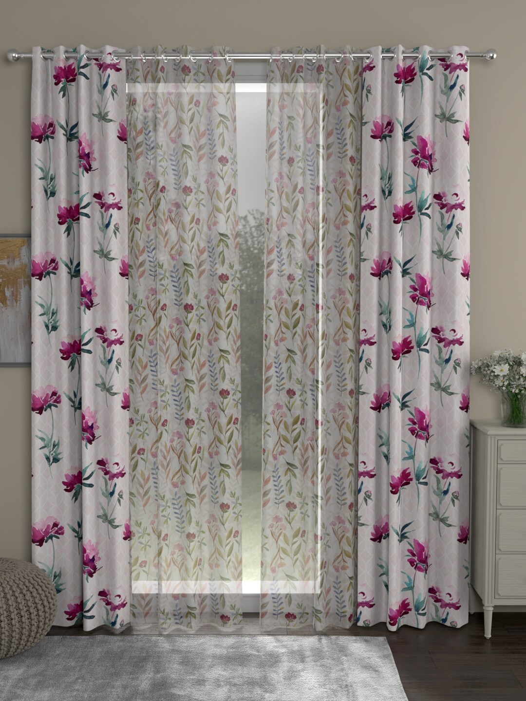 

ROSARA HOME Pink & White Set of 4 Floral Long Door Curtain