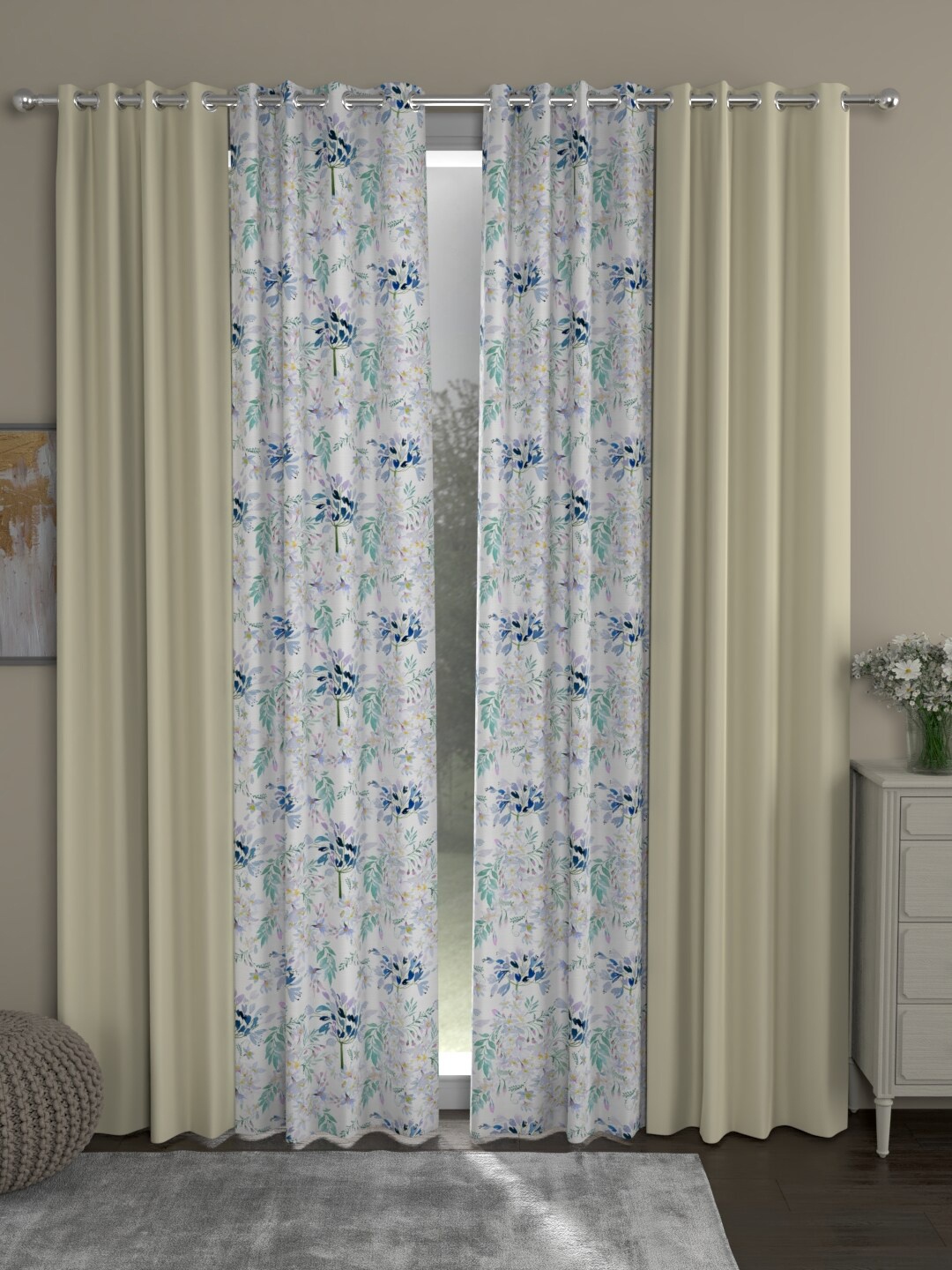 

ROSARA HOME Cream-Coloured & White Set of 4 Black Out Long Door Curtain