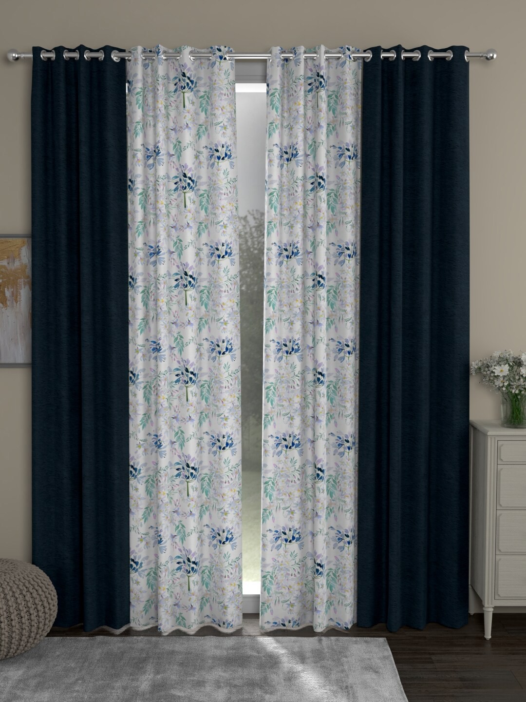 

ROSARA HOME Navy Blue & White Set of 4 Floral Room Darkening Long Door Curtain