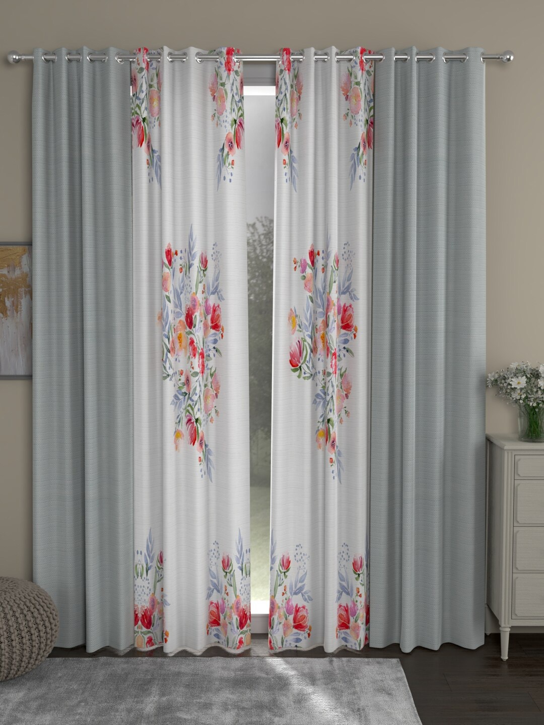 

ROSARA HOME Grey & Red Set of 4 Long Door Curtain
