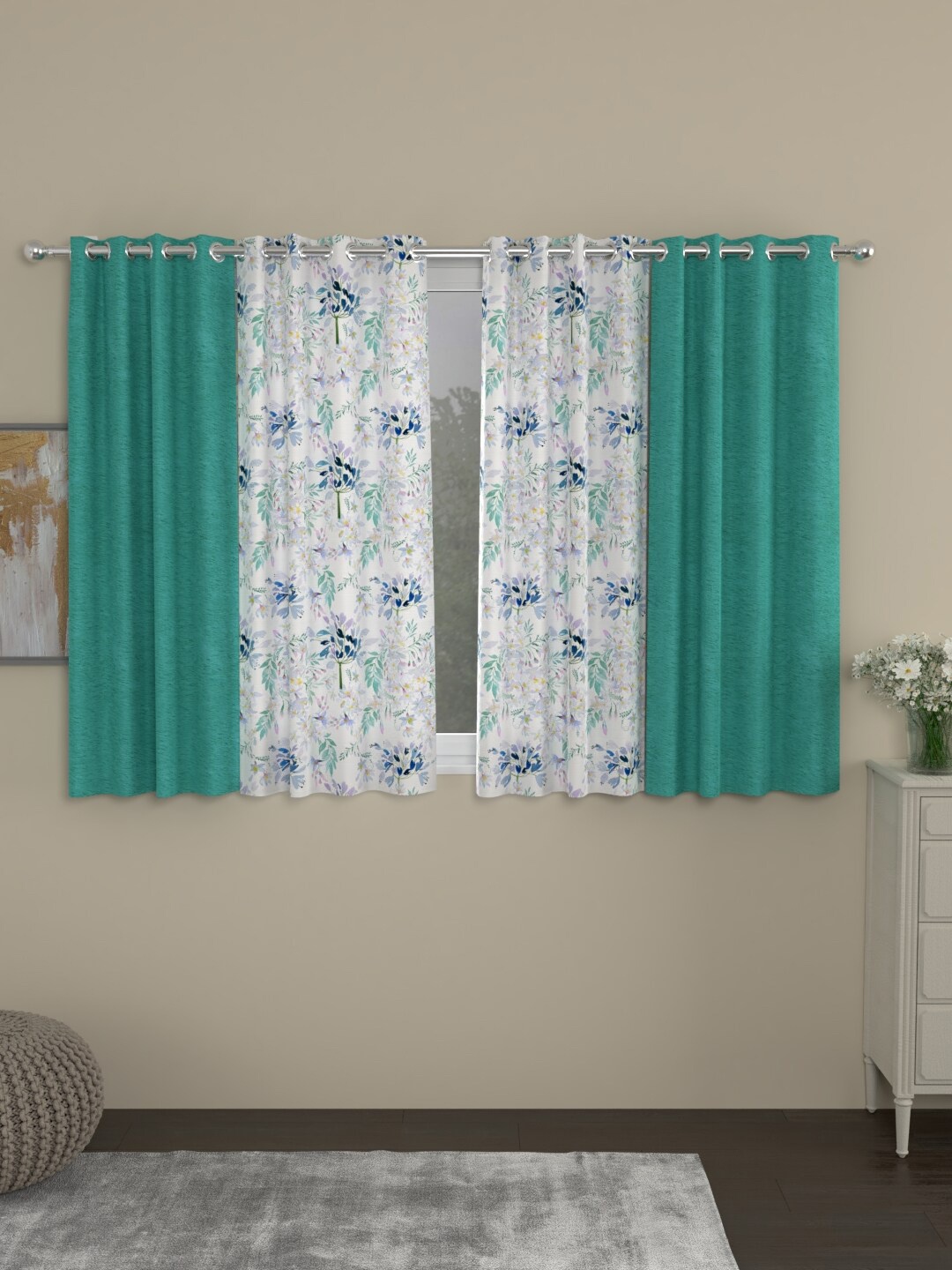 

ROSARA HOME Turquoise Blue & White Set of 4 Room Darkening Window Curtain