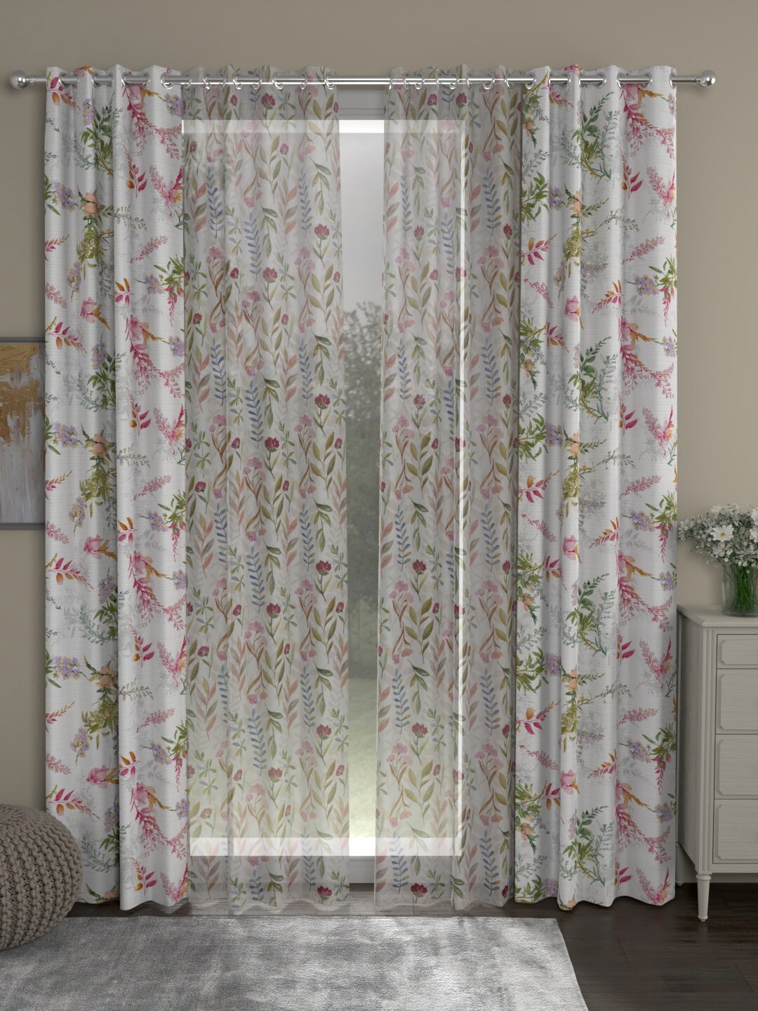 

ROSARA HOME White & Green Set of 4 Floral Long Door Curtain