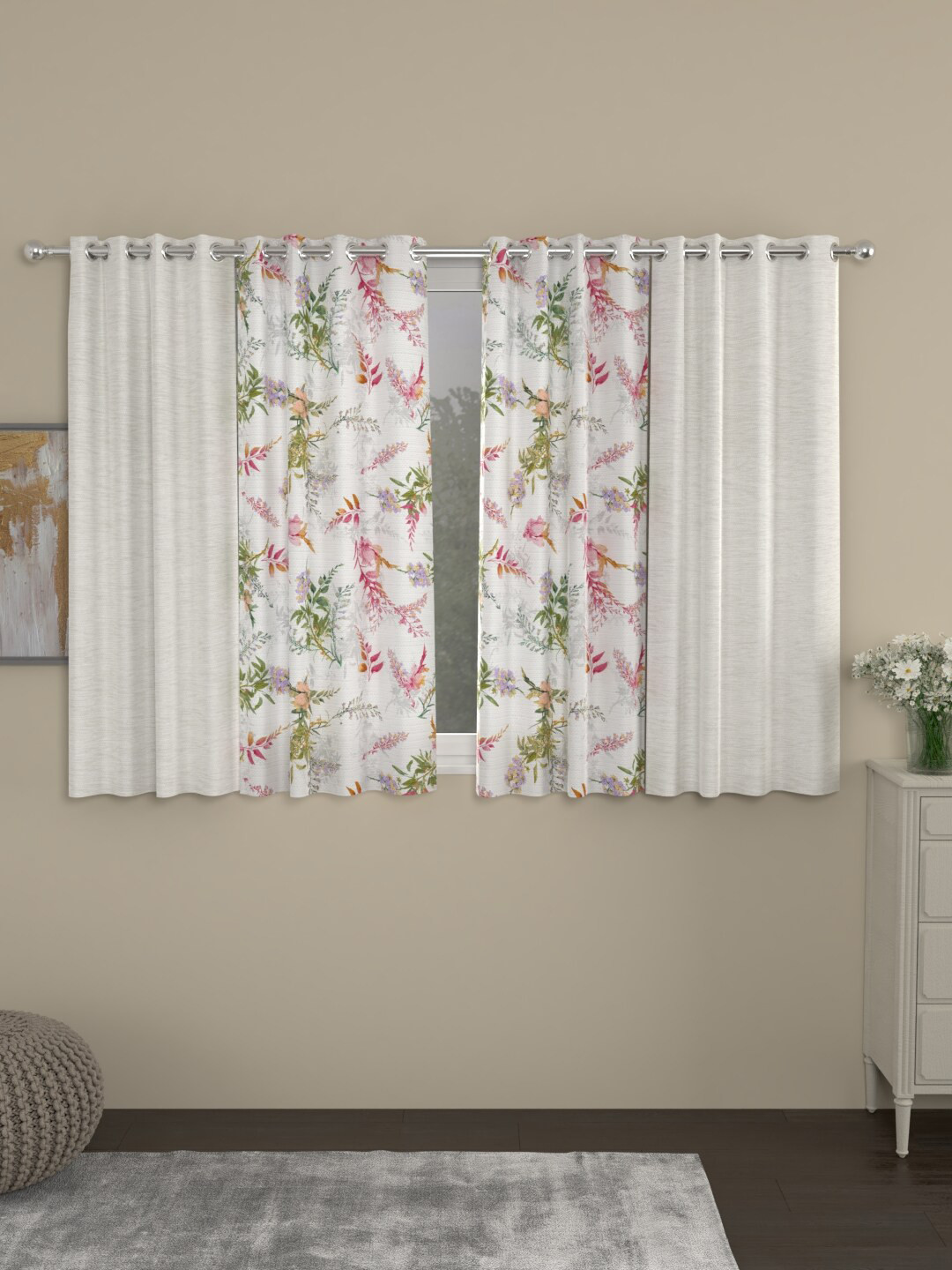

ROSARA HOME Cream-Coloured & White Set of 4 Room Darkening Window Curtain