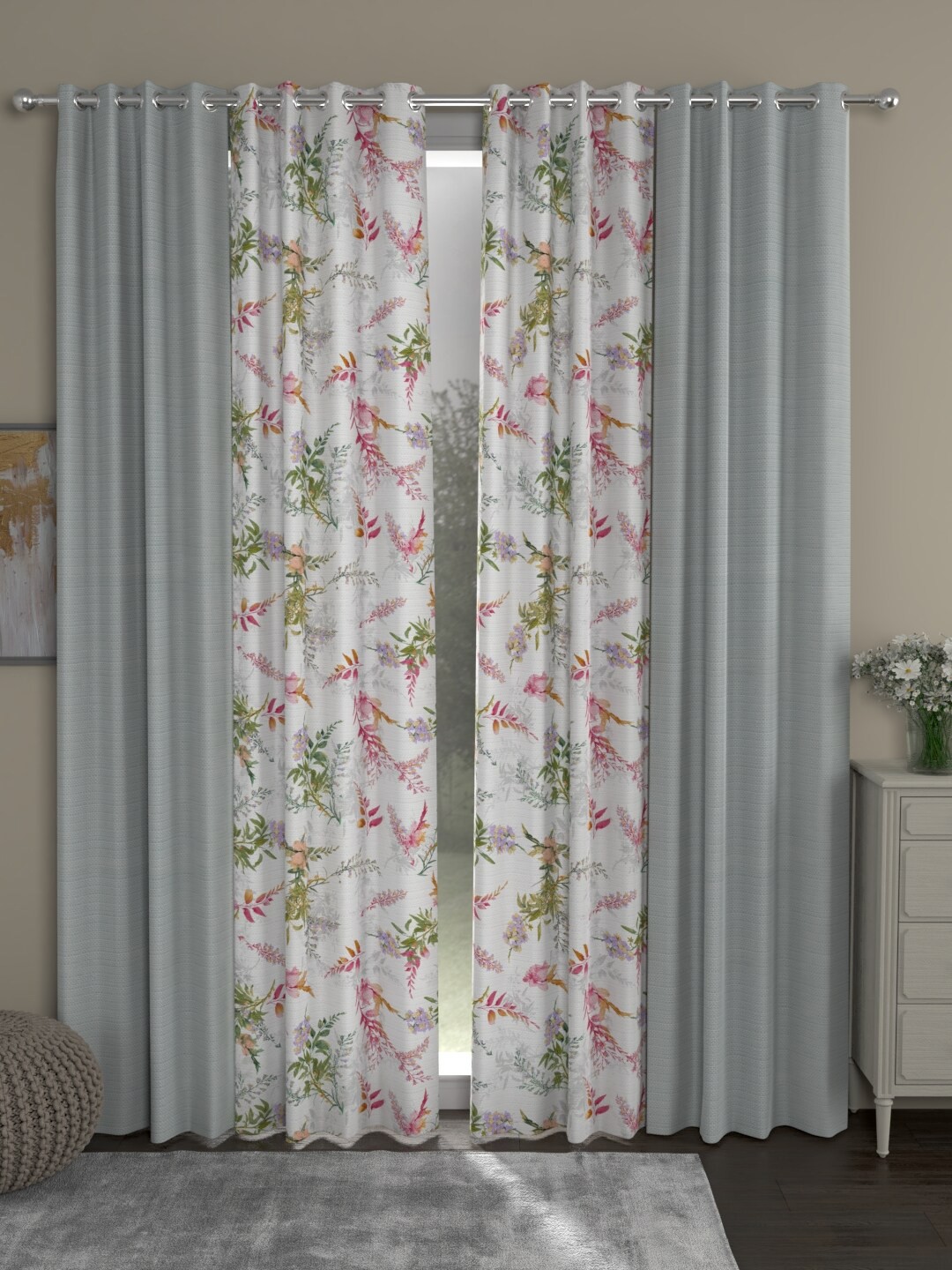 

ROSARA HOME Grey & White Set of 4 Long Door Curtain