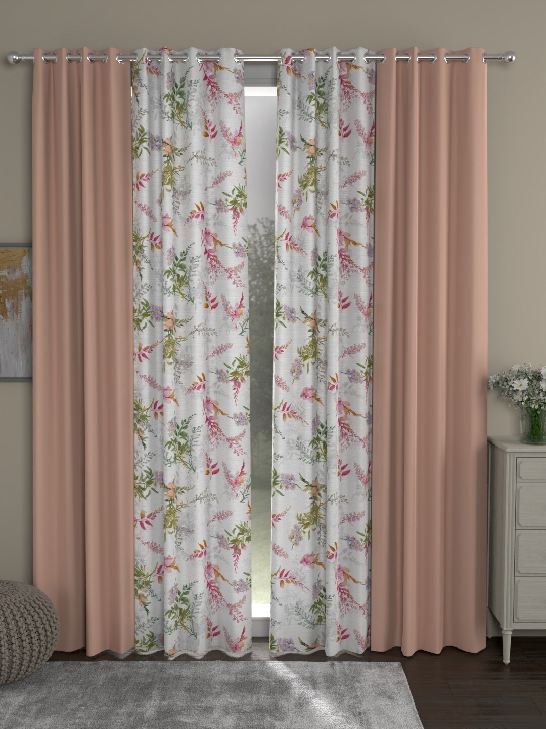 

ROSARA HOME Peach-Coloured & White Set of 4 Black Out Long Door Curtain