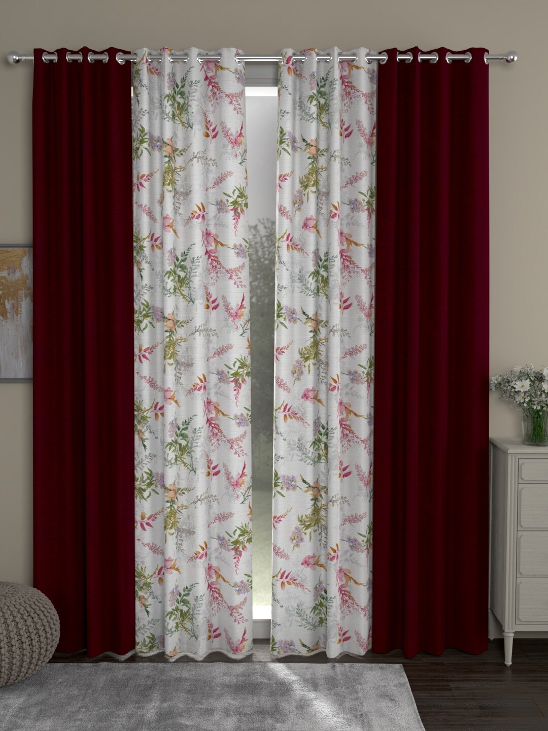 

ROSARA HOME Maroon & White Set of 4 Room Darkening Long Door Curtain