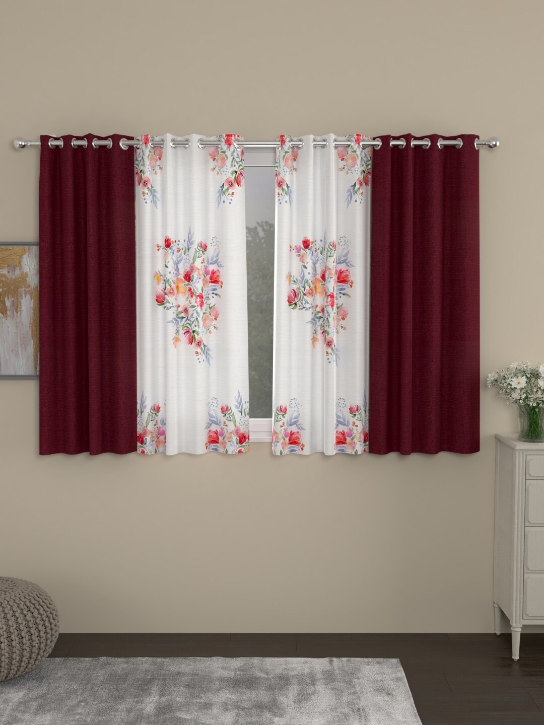 

ROSARA HOME Maroon & White Set of 4 Window Curtain
