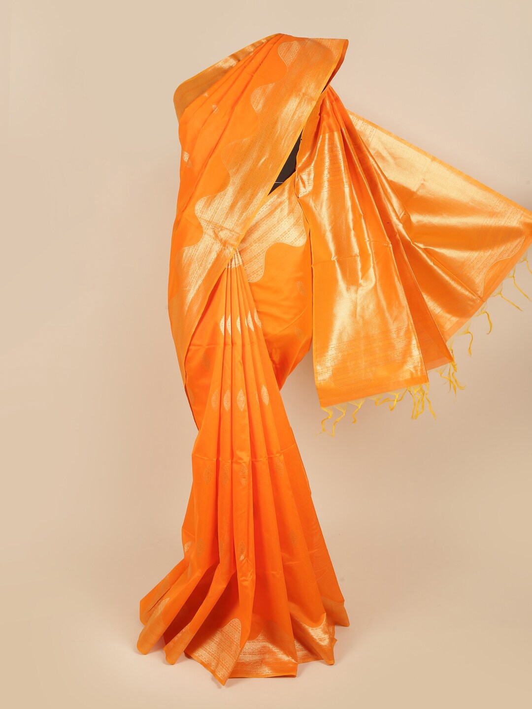 

Pothys Orange & Gold-Toned Woven Design Zari Jute Silk Saree