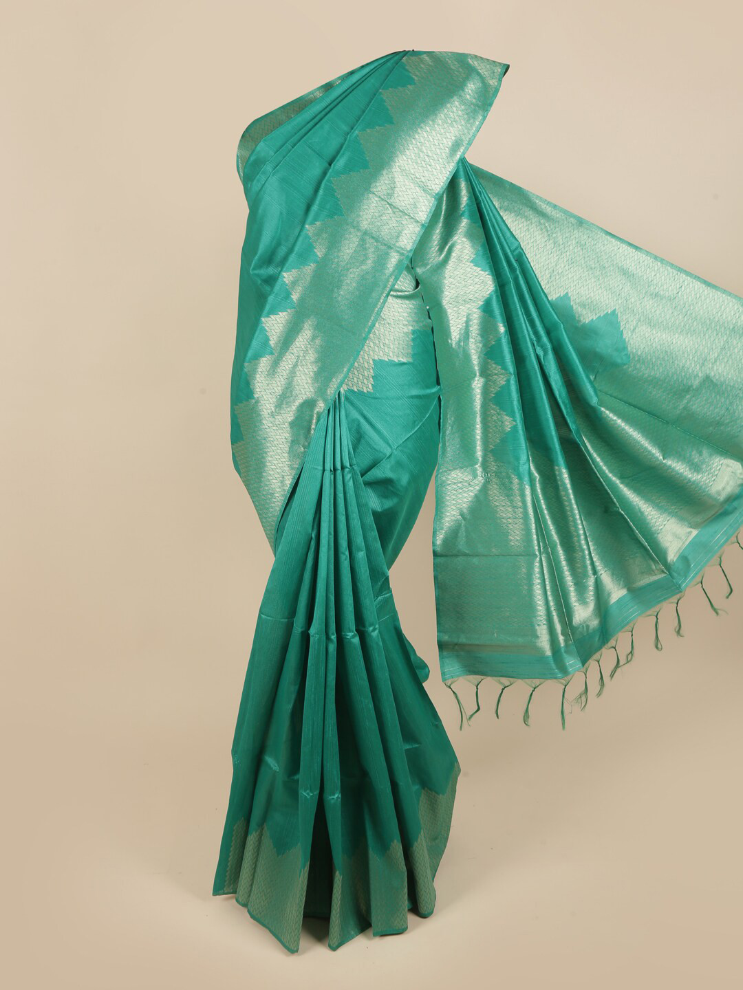 

Pothys Green & Silver-Toned Jute Silk Saree