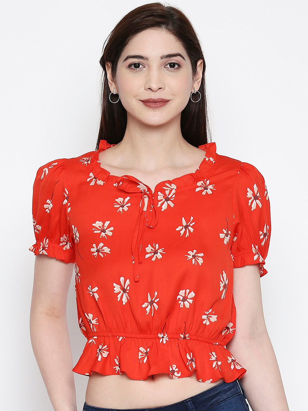 

People Orange Floral Tie-Up Neck Blouson Crop Top