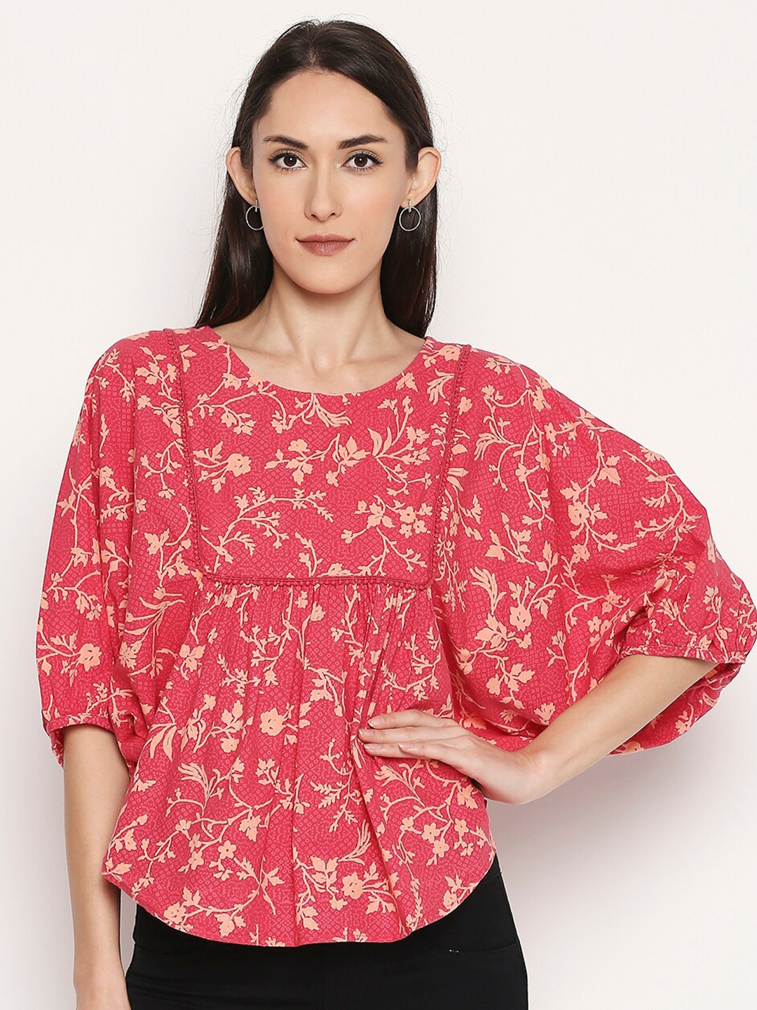

People Women Pink & Beige Ethnic Motifs Printed Pure Cotton A-Line Top