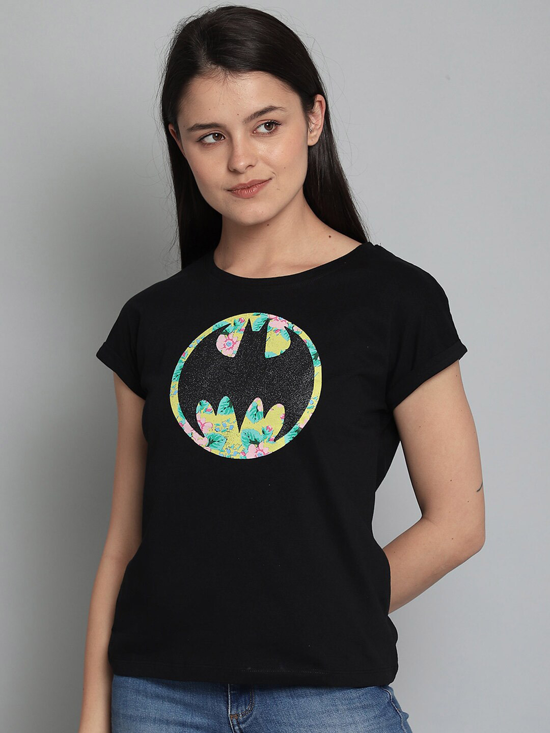 

Free Authority Women Black Batman Printed Extended Sleeves T-shirt
