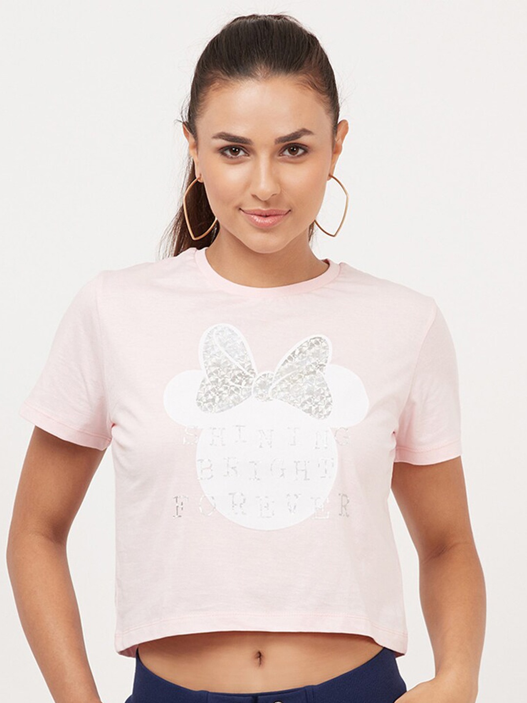 Free Authority Women Pink Mickey & Friends Printed Crop T-shirt